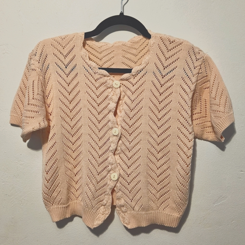 Light Pink/Peach Button-Up Knit Short-Sleeved Cardigan